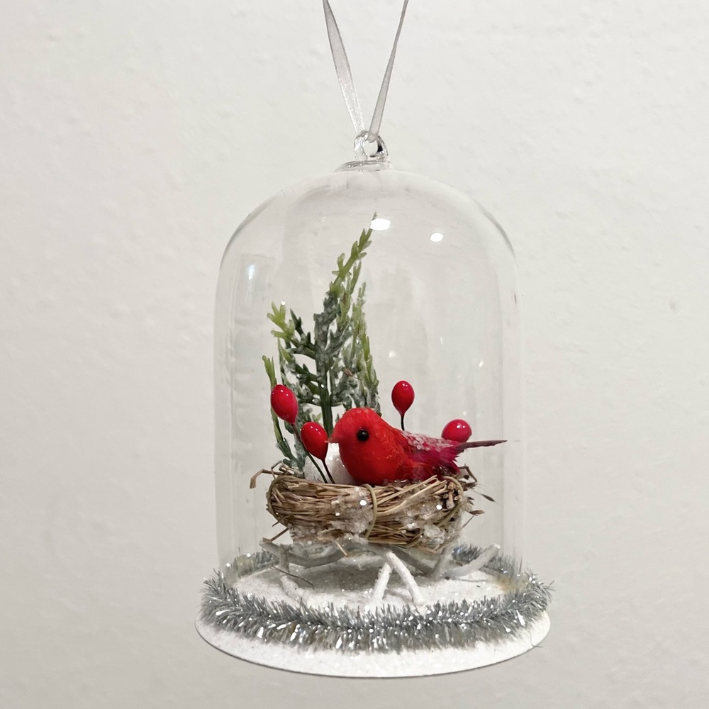 Christmas ornament Glass cloche dome red bird nest holiday home decor